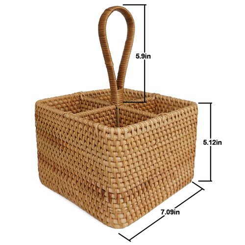 Natural Wicker Utensil Caddy with Built-in Handles，Wicker Silverware Caddy with 4 Compartments，Spoon Cutlery Holder Utensils Organizer，Condiment Organizer Silverware Holder(7.09 * 5.12 inch)