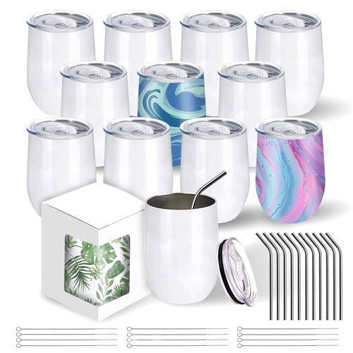 BetterSub12 oz Sublimation Wine Tumblers, Double Wall Insulated Stainless Steel Sublimation Cups with Lid, Metal Straw, Brush, Individually Display Box, White (12 Packs White)