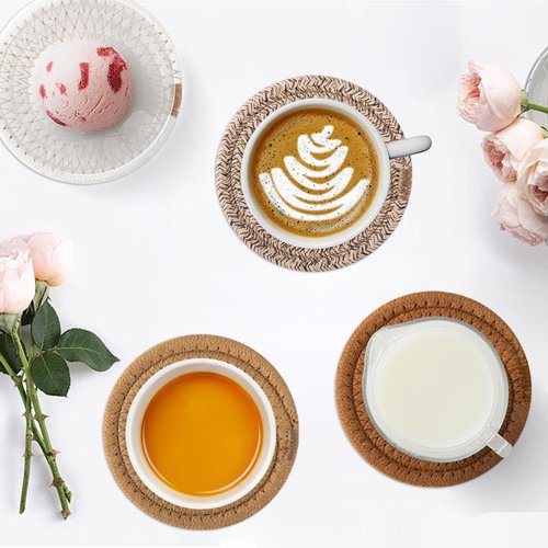 OIAHOMY 8 Pcs Coasters with Holder for Beer, Coffee, Woven Cotton Coaster Set for Table Decor for Kitchen, Bar, Dining Room, Living Room, Housewarming Gifts - Yellow