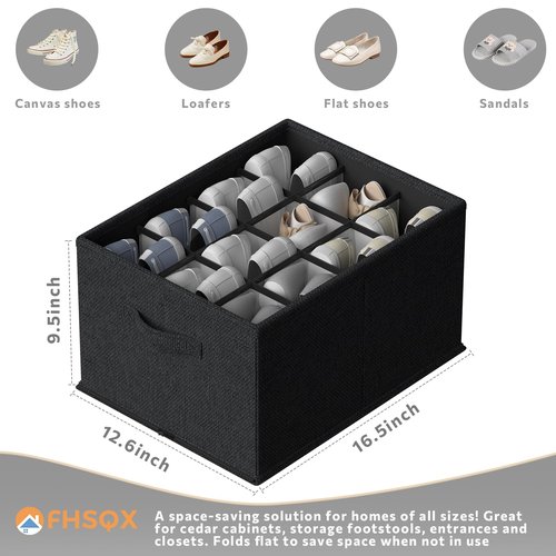 FHSQX 4 Pack Shoe Organizer for Closet,Foldable Shoe Organizer,Fits up to 48 Pairs,Storage Containers With Bottom Support for Shoes (Black, (16.5 * 12.6 * 9.5) x4)