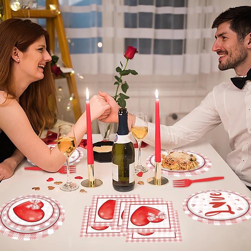 96 PCS Valentine’s Day Plates and Napkins Sets Valentine Party Dinnerware Red Heart Paper-Plates Valentines Decorations for Party,Serve 24 Guests