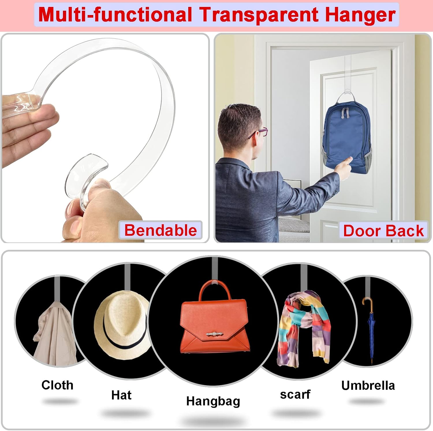Skiennix Wreath Hanger - 12” Clear Over The Door Hooks for Easter & Christmas Decor | 2 Pack