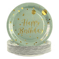 50 Pack Sage Green and Gold Happy Birthday Paper Plates, 7 inch Metallic Foil Polka Dots Disposable Dessert Party Supplies Plates for Graduation St Patricks Wedding Holiday Christma Party Decorations
