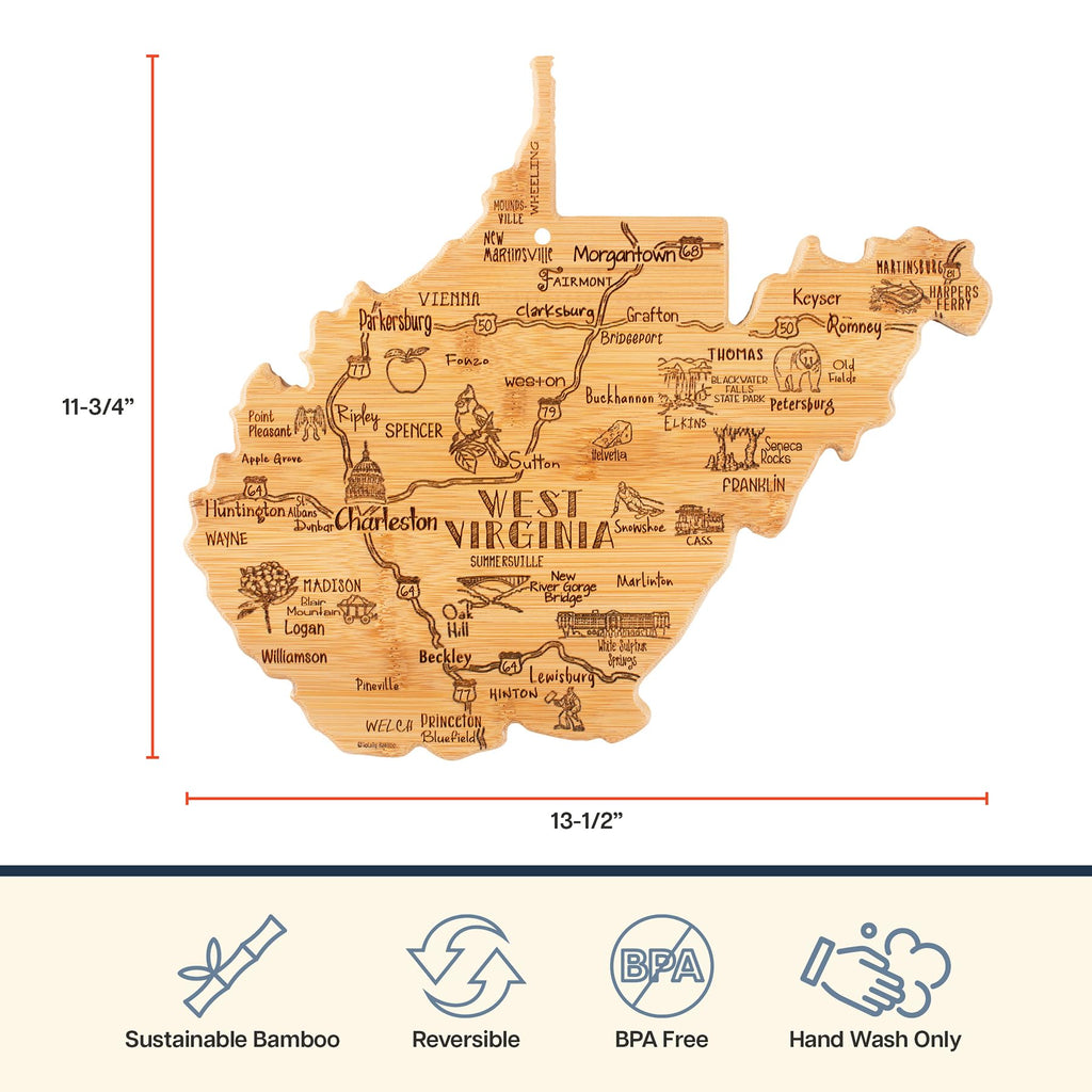 Totally Bamboo Destination West Virginia Shaped Cutting Board – Bamboo Charcuterie and Serving Board with Hang Tie for Wall Display
