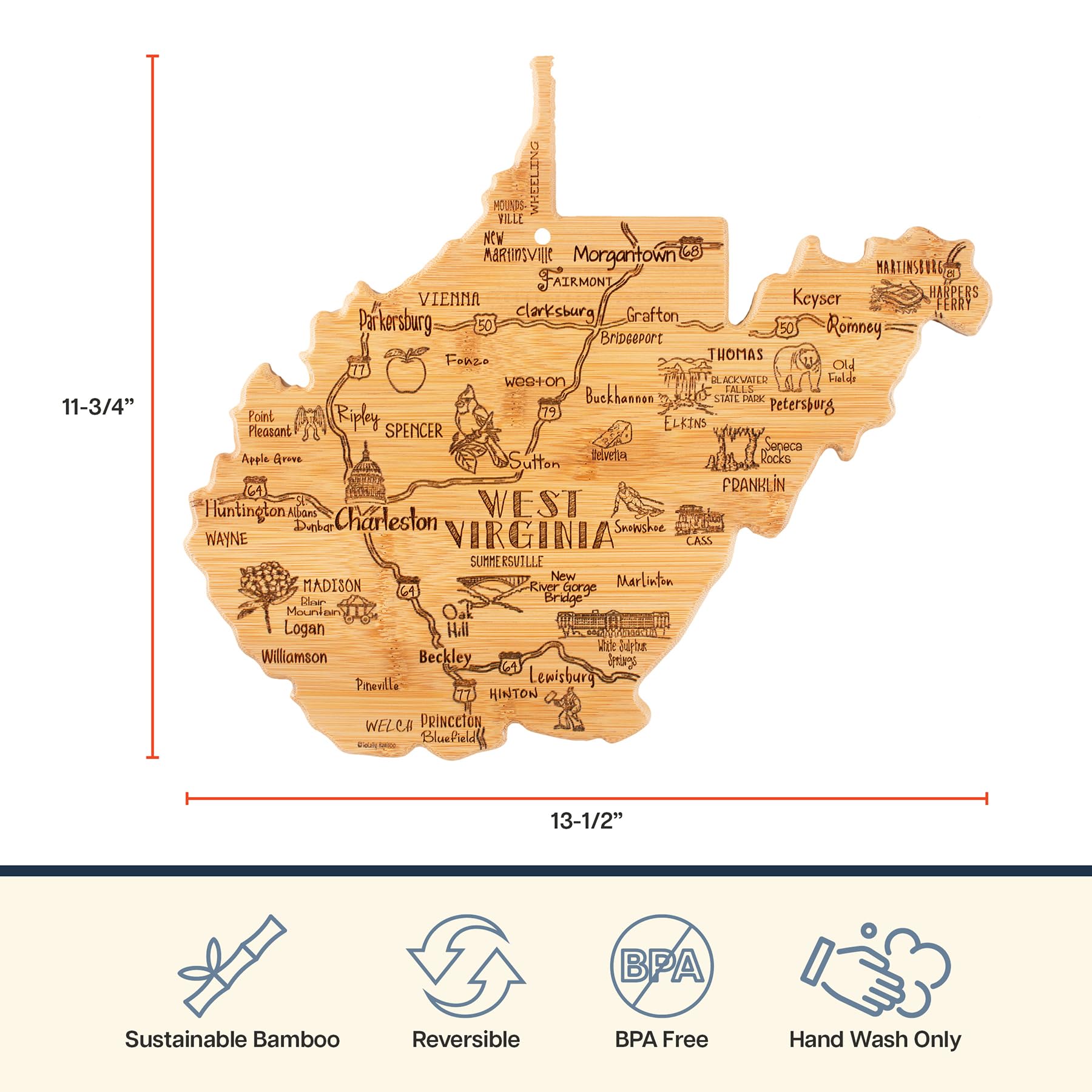 Totally Bamboo Destination West Virginia Shaped Cutting Board – Bamboo Charcuterie and Serving Board with Hang Tie for Wall Display