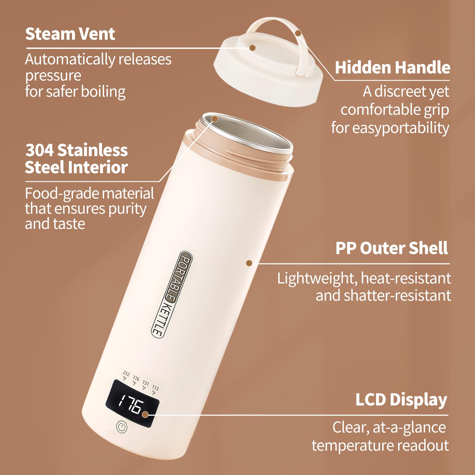 Portable Travel Electric Kettle | 4 Adjustable Temperature | Small Compact Water Boiler for Tea, Coffee | 304 Stainless Steel | Automatic Shut-off | 16oz