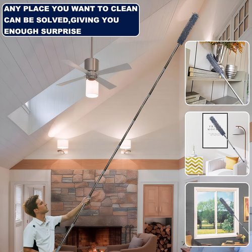 20+ Feet High Reach Duster Kit with 3-14 ft Extension Pole for Cleaning Fan, Spider Web, High Ceiling, Blinds, Furniture, Cars - Cobweb Microfiber Duster // Outdoor & Indoor Extendable Duster