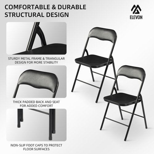 Elevon Folding Chairs 2 Pack, Padded Vinyl Cushion Chairs with Sturdy Metal Frame for for Home and Office, for Indoor and Outdoor Events, 300lb Capacity, Black