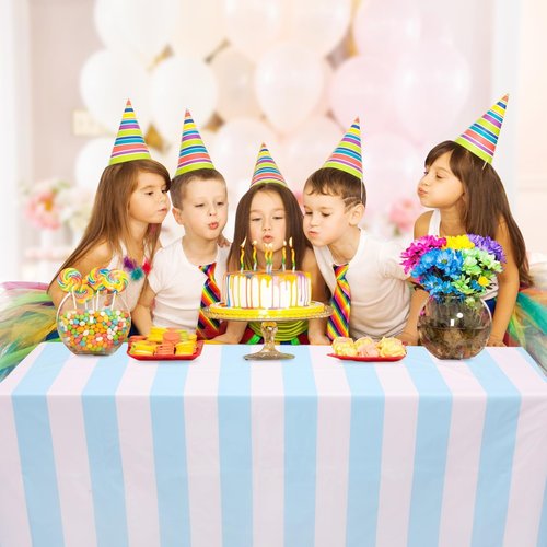 Kesfey 3 Packs Light Blue and White Striped Table Cloth 54 x 108 Inches Bluey Stripe Table Cover Disposable Plastic Beach Tablecloths Waterproof Rectangle Picnic Tablecover for Pool Birthday Party