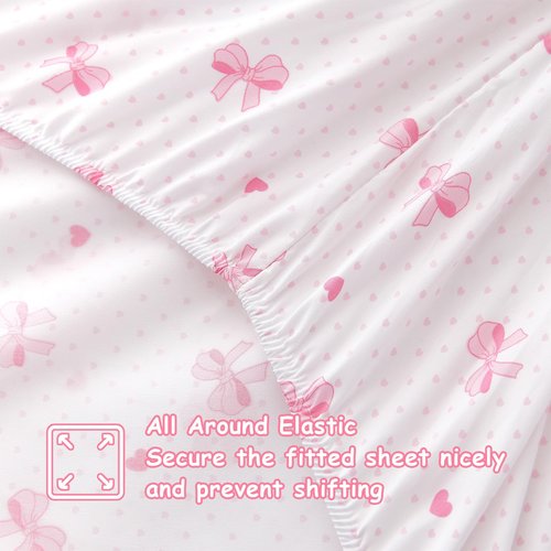 Nayoroom Twin Sheet Set - Cute Pink Bow Bed Sheets Set for Kids Girls, 3 Pieces Soft Microfiber Heart Bed Set with 1 Deep Pocket Fitted Sheet, 1 Flat Sheet, 1 Pillowcase