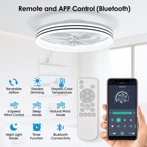 Ceiling Fans with Lights, 20'' Ceiling Fans with Lights and Remote, Low Profile Ceiling Fan with Light, 3 CCT & Dimmable, 6 Fan Speed, Remote&App Control Ceiling Fan for Bedroom, Living Room, Kitchen