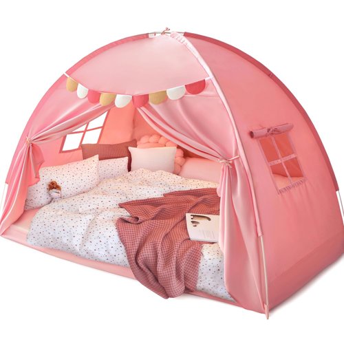 Razee Full Size Bed Canopy for Kids, Girls Bed Tent Dream Privacy Playhouse Floor Sleeping Tents Indoor, Toddler Under Bunk Bed Pink Tent with Pennant Banners, Kid House Toys for Birthday Gift