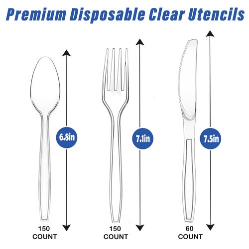 FYIN-HONG 360 Count Heavy Duty Plastic Silverware, Disposable Clear Plastic Utensils Set, 150 Forks, 150 Spoons, 60 Knives, BPA-Free, Heat Resistant; Cutlery Set for Party
