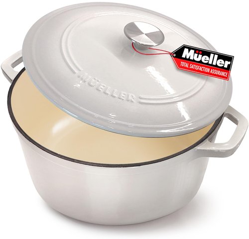 Mueller 6qt Enameled Cast Iron Dutch Oven, Heavy-Duty Casserole and Braiser Pan with Lid and Knob, Oven-Safe up to 500° F & Across All Cooktops, White
