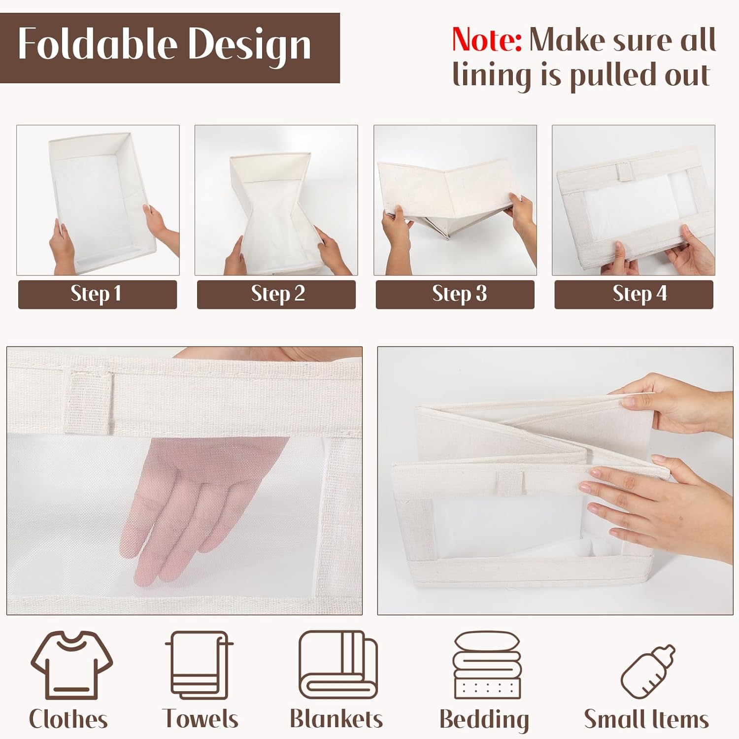 VZZNN Linen Closet Organizers - 4 Pack Foldable Storage Bins with Clear Window | Beige