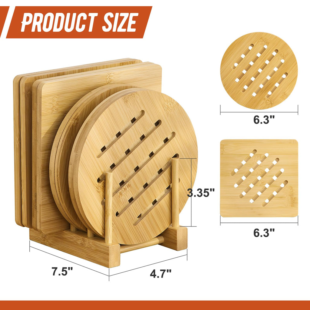 GHWIE Bamboo Trivet with Stand -Heat Resistant Pot Holders for Kitchen,Multi-Purpose Hot Pads,Hot Plate Mats,Large Stove Mat-Air Fryer Accessories and Trivets for Hot Dishes,8PCS