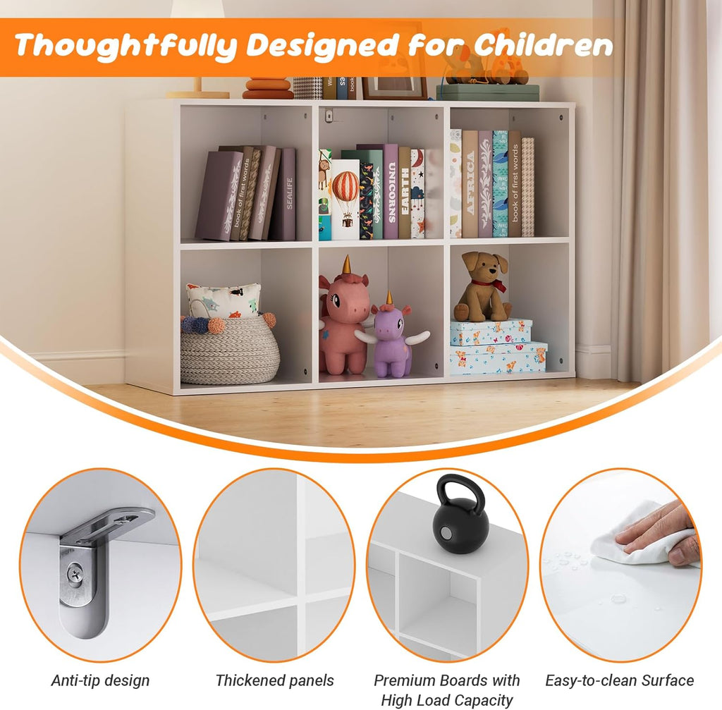 6 Cube Storage Organizer by [Brand Name] - Kids Cubby Bookshelf with Closed Back Panel | White Toy Storage for Nursery & Classroom
