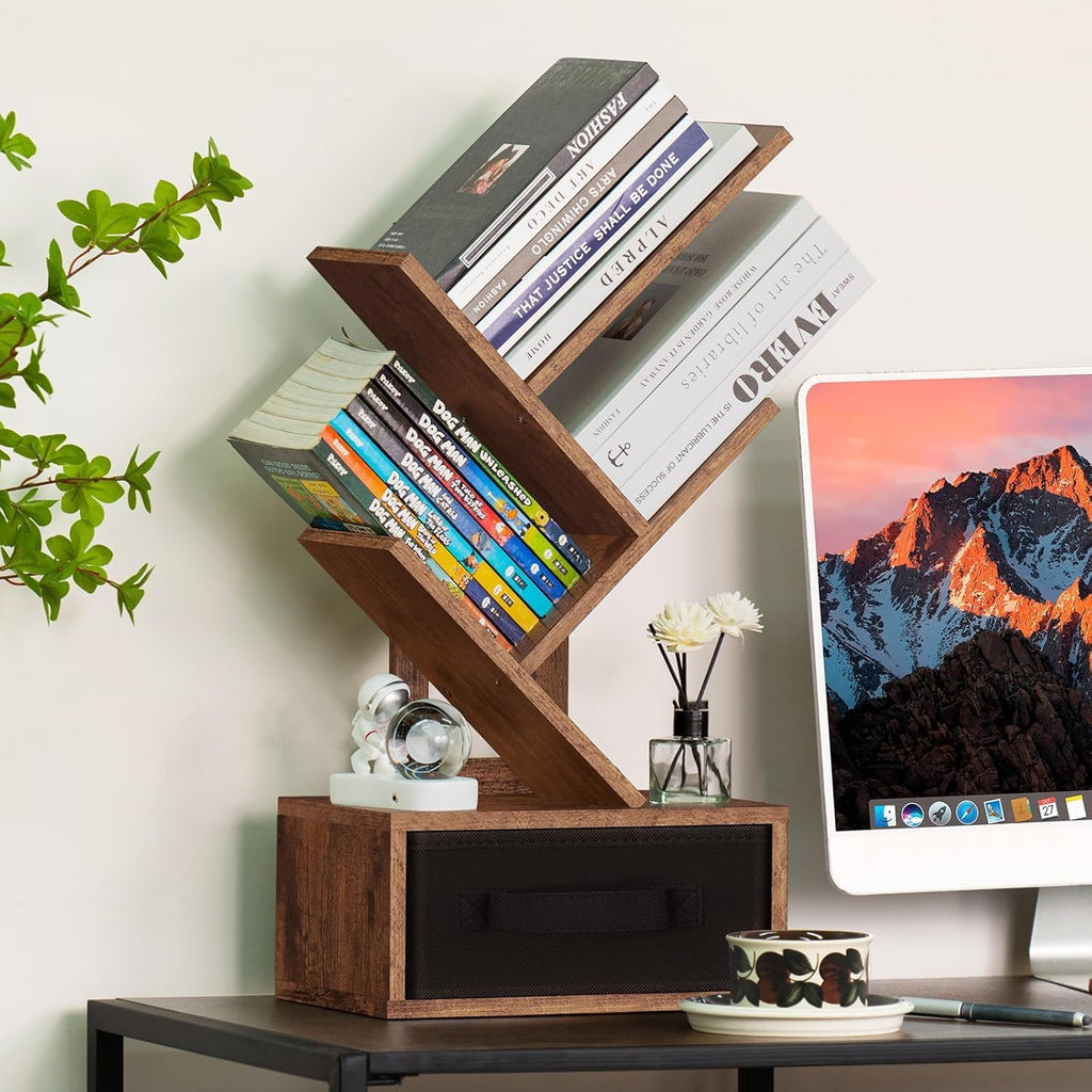 Simple Deluxe 4-Tier Tree Bookshelf with Drawers, Compact Corner Bookcase with Storage Cabinet & Open Shelves, Rustic Brown Small Space Storage Solution for Living Room/Study/Hallway