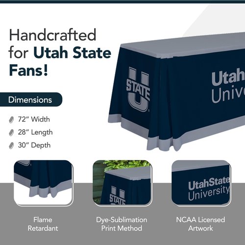 Utah State Aggies College Sports Printed Table Throw - NCAA Licensed - Polyester - School Tablecloth (Blue, Gray) (6' Draped)