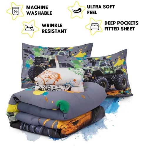 Holawakaka Boys Twin Size Off-Road Camo Racing Truck Print Bedding Comforter Set with Sheets, Cartoon Camouflage Race Trucks Bed in A Bag 5 Pieces Kids Teens Car Dorm Reversible Bed Sets