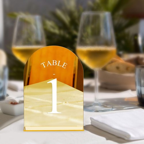 JOYIT Arch Wedding Table Numbers 1-30 with Stands – 5" X 7" Acrylic Mirrored Gold Table Number Holders, Perfect for Wedding Receptions, Parties, Anniversaries, and Events