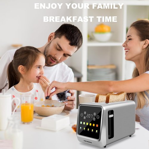 Touch Screen Toaster 2 Slice, Bagel Toasters with LCD Display, Stainless Steel Smart Digital Toasters with Single Slot Toasting,Extra Wide Slots Toaster with Memory/Bagel/Defrost/Reheat Functions