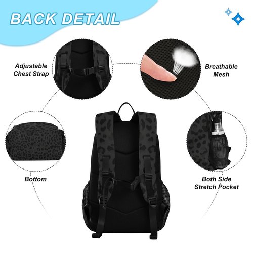 SUABO Backpack Lunch Bag Set for Boys Girls, Black Leopard Middle-School Elementary Bookbags, 2Pcs School Bag with Lunch Bag