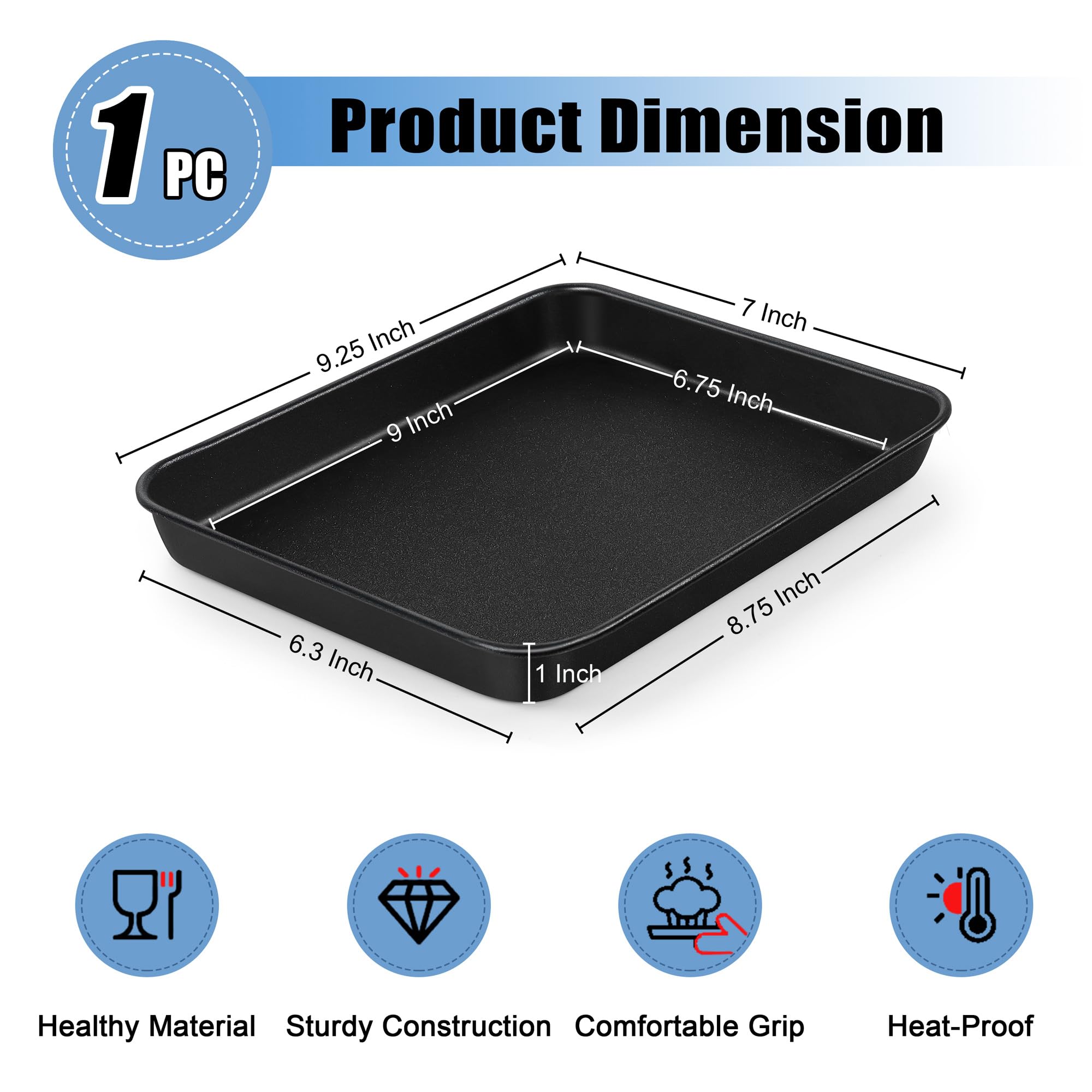 TeamFar Small Toaster Oven Pan, 9.25 x 7 x 1 Inch Carbon Steel Non Stick Coated Mini Toaster Oven Baking Pan Tray for Ovenware, Non-Toxic & Heavy Duty, Roll Edge & Easy Clean