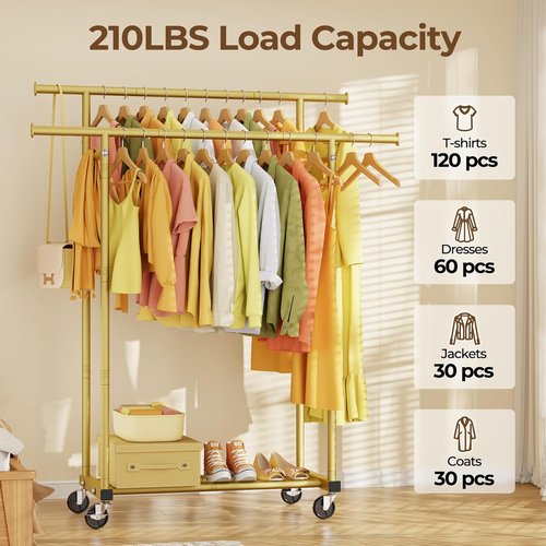 HYSEYY Double Rod Clothes Rack - Sturdy Portable Garment Rack for Hanging Clothes | Gold Finish
