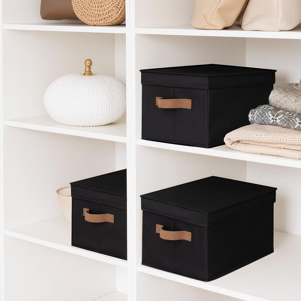 StorageWorks Black Storage Bins - Decorative Foldable Boxes with Lids & PU Handles | Large 3-Pack
