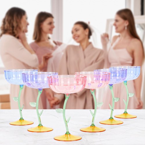 HKSZEH 48 Pcs Pink Plastic Ribbed Coupe Glasses Detachable 7oz Flower Cocktail Glasses Modern Wavy Plastic Cocktail Coupes Disposable Martini Glasses Mimosa Glassware champagne goblets (48, PInk)