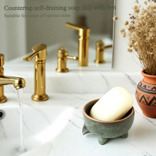Wowhalolo Soap Dish with Drainage，Ceramic Self Draining bar Soap Holder for Shower，Bathroom，Sink，Kitchen and Countertop，Keeps Bars Dry& Lasts Longer，Avocado Green