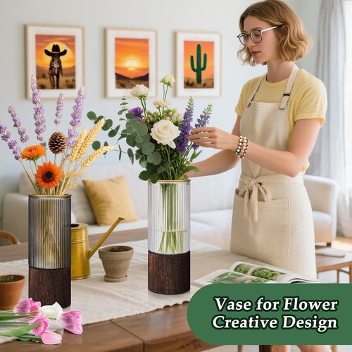 Ribbed Glass Vase Set of 2 Vases for Flowers,10" H Wood Glass Vase with Solid Wooden Base,Rustic Flower Vase for Home Decor,Living Room,Bedroom,Kitchen,Dining Table,Fireplace,Office(Gray & Clear)
