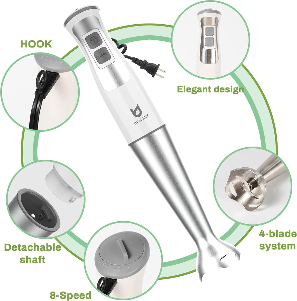 UTALENT Immersion Hand Blender - 5-in-1 8-Speed with 500ml Grinder & 600ml Container - White