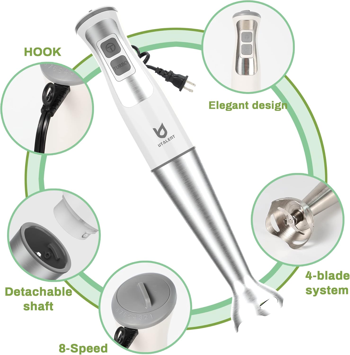UTALENT Immersion Hand Blender - 5-in-1 8-Speed with 500ml Grinder & 600ml Container - White