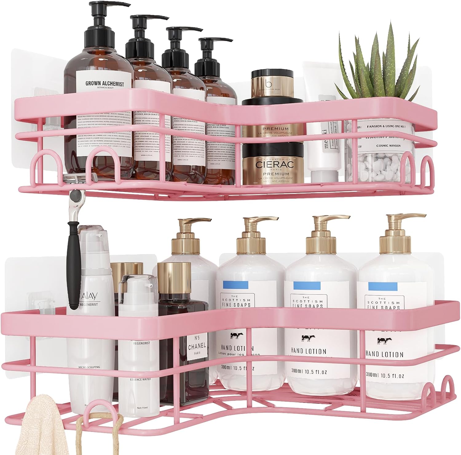 Sakugi Corner Shower Caddy - Rustproof Stainless Steel Organizers with 8 Hooks | No-Drill, Space-Saving Design, Pink, 2 Pack