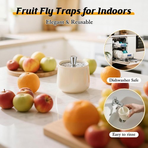 Ceramic Fruit Fly Trap - Reusable Indoor Kitchen Catcher with Stainless Steel Vent Lid | Safe Vinegar Bait (White, 1 Pack)