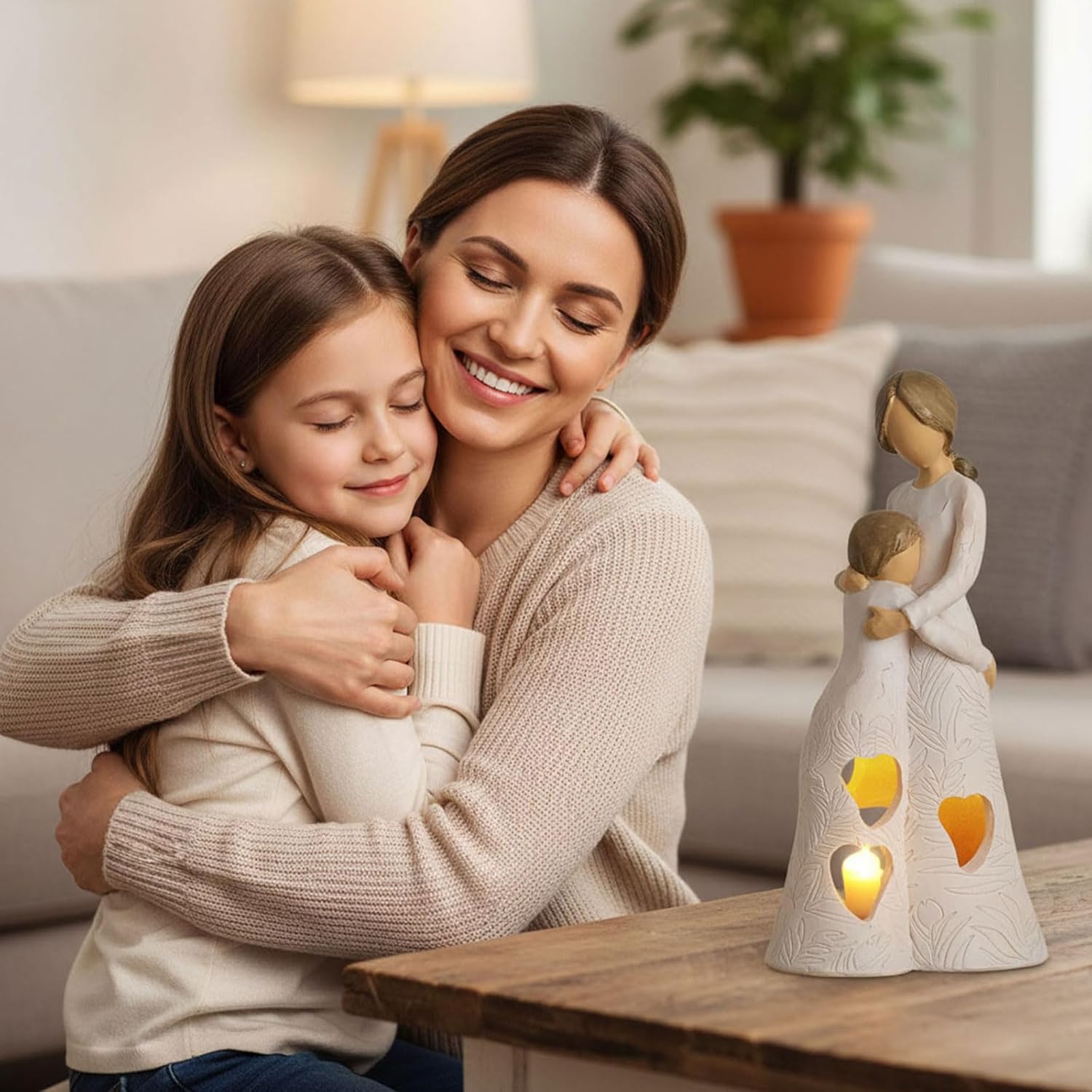 Regine Switzerland Unique Candle Holder Statue - Sentimental LED Light Gift for Mom | Resin Mother-Daughter Tealight Decor