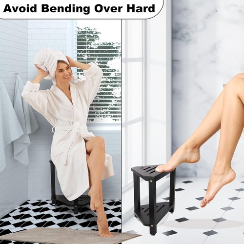 IBosins Corner Shower Stool - Stylish Acacia Wood Bath Seat with Storage Shelf | Black Finish