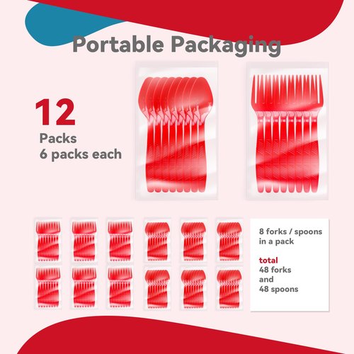 Plastic Forks and Spoons Heavy Duty, Red Disposable Plastic Silverware Set for Party Supplies 96PCS