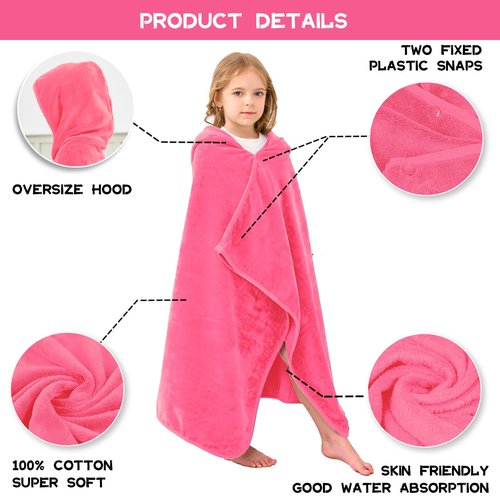 Hiturbo Kids Hooded Bath Towel: 100% Cotton Soft Thick Absorbent Towels Wrap - 50"x30" Shower Beach Pool Wearable Blanket for 3-12 Yrs Boys Girls - Pink