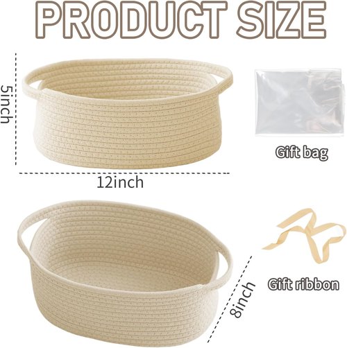 JMvicyroam Woven Basket - Small Rope Storage Bin with Handles | Versatile Organizer for Shelves & Closets - Beige (3 Pack)