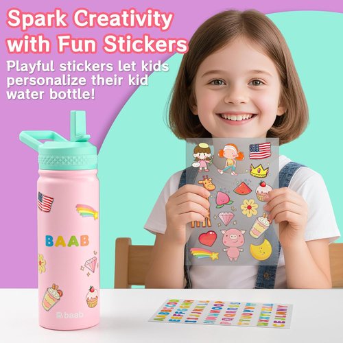 Baab Kids Water Bottle - Insulated 18oz Stainless Steel Cup with Straw & Stickers | Pink