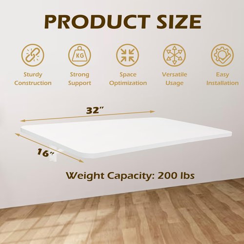 koretech Laundry Folding Table, 32'' x 16'' Wooden Wall Mount Desk, Laundry Table for Folding Clothes, White, 32'' Length