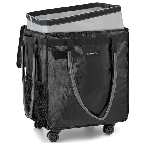(Large) Fanwoli Reusable Grocery Bag On Wheels with Washable Liner | Wrinkle-Resistant Fabric | Enhanced Stability Wheels & Extended Handle | Foldable Shopping Trolley for Laundry, Carries Up to 130L