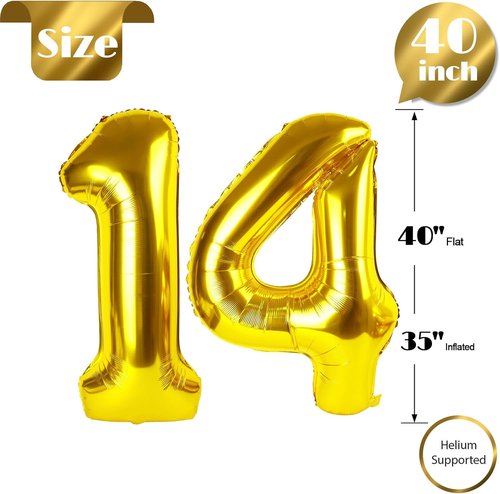 Gold Number 14 Balloon - 40 Inch Golden Birthday Decoration for 14th Year Celebration