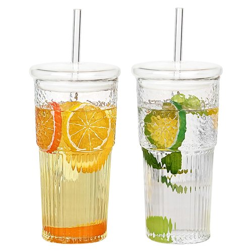 GOSCHE Glass Cups with Lids and Straws, 20oz Glass Cups Drinking Jar, Clear Iced Coffee Cups, Vintage Ripple Glass Tumbler for Water Coffee Tea, Clear, 2Pcs
