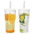 GOSCHE Glass Cups with Lids and Straws, 20oz Glass Cups Drinking Jar, Clear Iced Coffee Cups, Vintage Ripple Glass Tumbler for Water Coffee Tea, Clear, 2Pcs