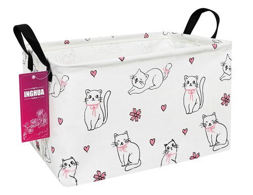INGHUA Rectangular Storage Basket Fabric Organizer Bin for Toys,Books,Clothes,Gifts,Pets-Perfect for Home,Office,Nursery,Dorm,Shelf(Rec-Love cat )