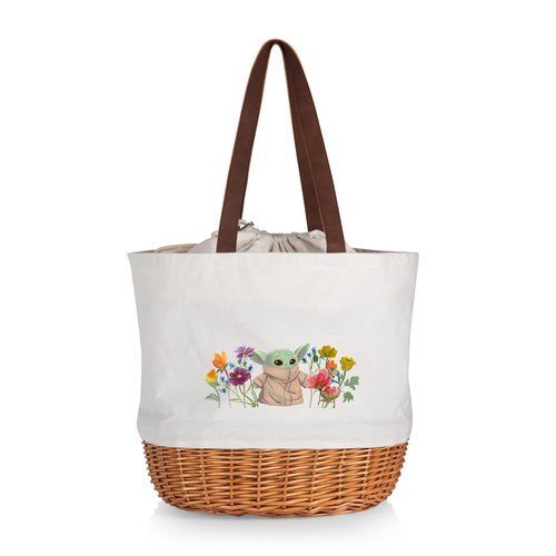 PICNIC TIME Mandalorian Grogu Coronado Canvas and Willow Basket Tote Picnic Bag with Drawstring Closure and Durable Handles, Beach and Market Tote for Everyday Carry, (Beige Canvas)